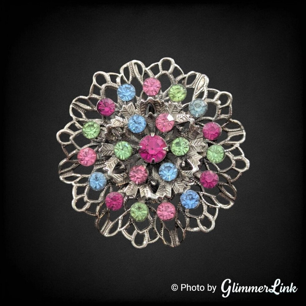 Vintage Filigree Layered Multicolor Rhinestones Floral Silver Tone Brooch